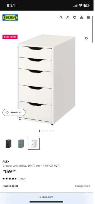 The IKEA product listing for the ALEX drawer unit is $159.  The unit has five drawers and measures 36x70 cm.  Featuring a five-star rating, view in 3D options