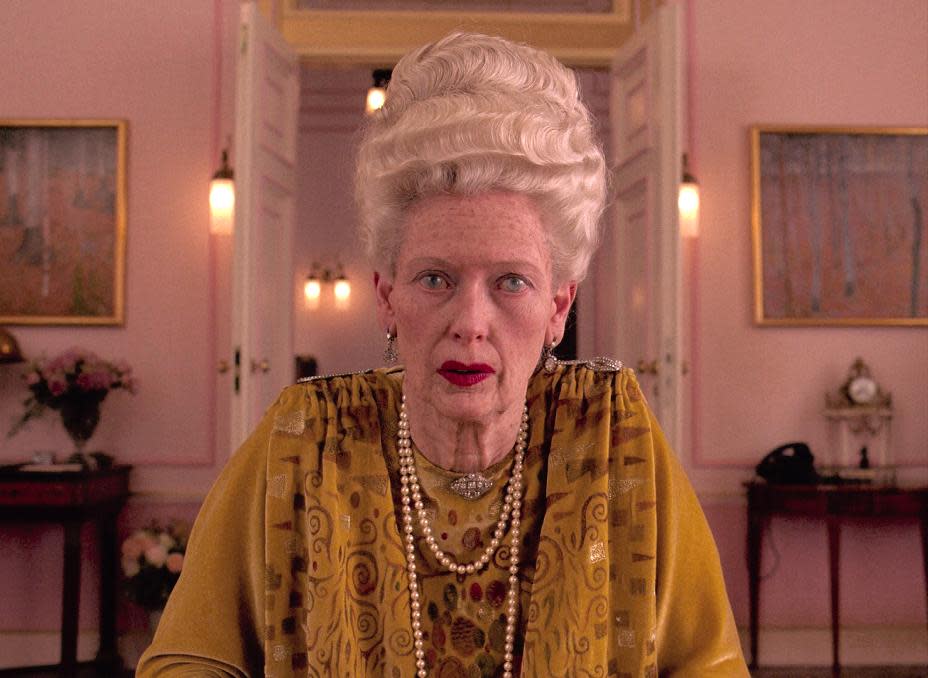 This image released by Fox Searchlight shows Tilda Swinton in a scene from "The Grand Budapest Hotel."(AP Photo/Fox Searchlight)