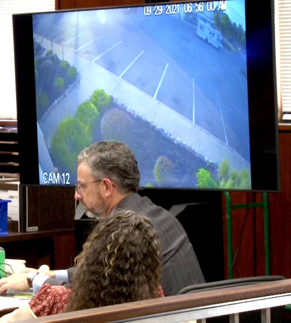 Sherry Lee Heffernan watches a monitor that captured her driving a motorhome during her trial before Superior Court Judge Kimarie Rahill in Toms River Thursday, February 22, 2024. She is charged with the Surf City murders of her father John Enders and his girlfriend Francoise Pitoy.