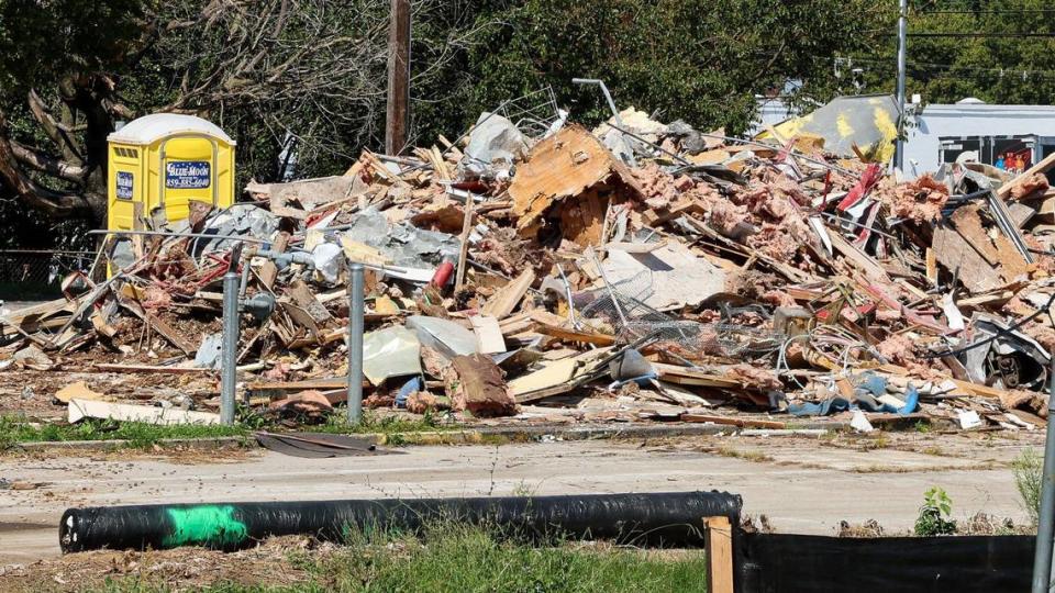 A pile of rubble and debris sit Friday, Sept. 6, 2024, after the Lee’s Famous Recipe Chicken restaurant location at the corner of Versailles Road and Red Mile Road was demolished. A new Speedway convenience store and gas station is proposed for the property at 1318 Versailles Rd.