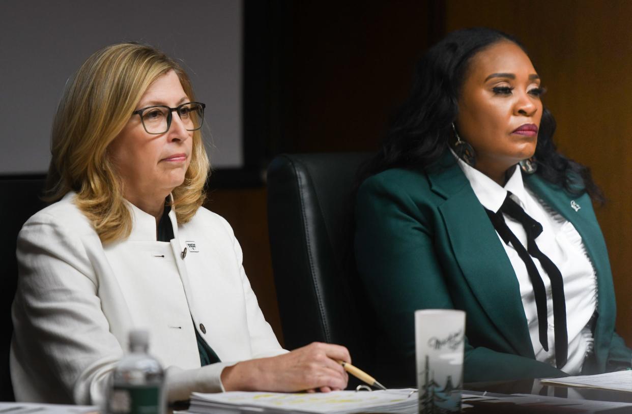 MSU Interim President Teresa Woodruff, left, pictured with Chair Rema Vassar, Friday, April 21, 2023, during the Michigan State University Board of Trustees meeting at the Hannah Administration Building.