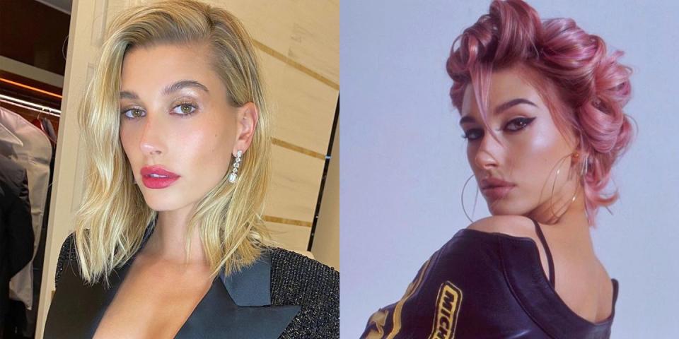 <p>What's that phrase? The couple that dyes their hair together stays together? Mrs. Bieber unveiled a powder pink 'do that is giving me flashbacks to Justin's "Yummy" music video. According to her Insta Stories, the look was just temporary and Hailey is still sporting blonde hair IRL.</p>