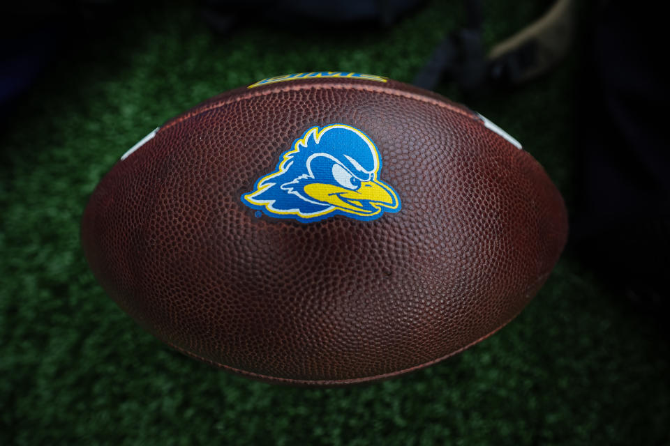 STATE COLLEGE, PA - SEPTEMBER 09: A detailed view of a Delaware Fightin Blue Hens logo on a football before the game between the Penn State Nittany Lions and the Delaware Fightin Blue Hens at Beaver Stadium on September 9, 2023 in State College, Pennsylvania. (Photo by Scott Taetsch/Getty Images)