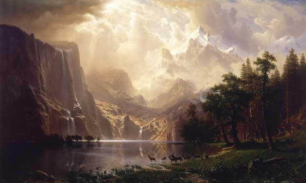 The interior of America was exciting for Albert Bierstadt and the imaginative landscape painters of the 19th century. It's newly exciting, in a different way, now. ('Among the Sierra Nevada Mountains,' Albert Bierstadt, 1868, Smithsonian Institute, via Wikimedia)