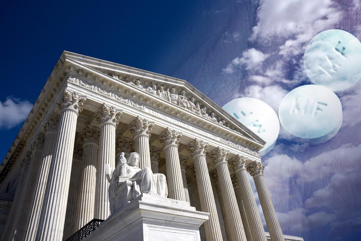 The Supreme Court building with clouds shaped like mifepristone. 