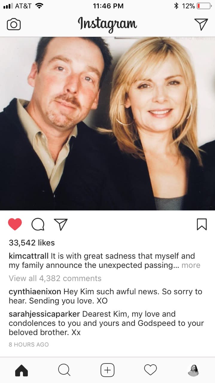 Sarah Jessica Parker and Cynthia Nixon offered condolences to Kim Cattrall on Instagram. (Photo: Instagram)