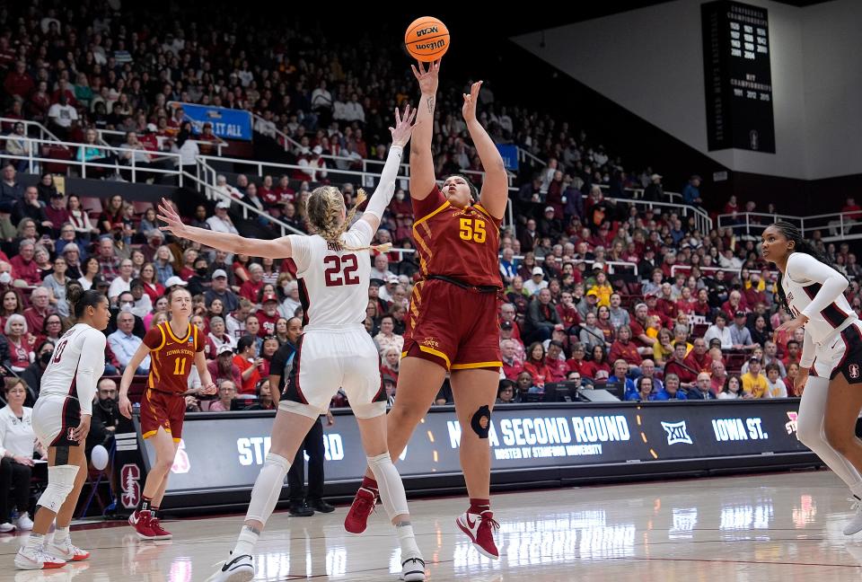 Iowa State's Audi Crooks takes a shot against Stanford on March 24 in an NCAA Tournament game in Stanford, Calif.