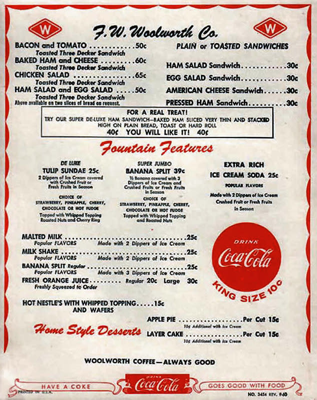 FW Woolworth's restaurant menu, including bacon and tomato, egg salad, and American cheese sandwiches and "fountain features"