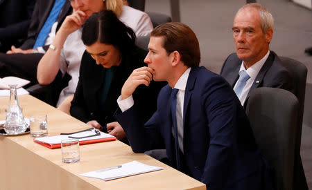 Austrian Chancellor Sebastian Kurz, Interior Minister Eckart Ratz and Agriculture Minister Elisabeth Koestinger attend a session of the Parliament in Vienna, Austria May 27, 2019. REUTERS/Leonhard Foeger