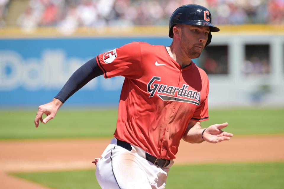 Cleveland Guardians' David Fry (6) rounds third base en route to scoring during the second inning Wednesday against the Detroit Tigers at Progressive Field.