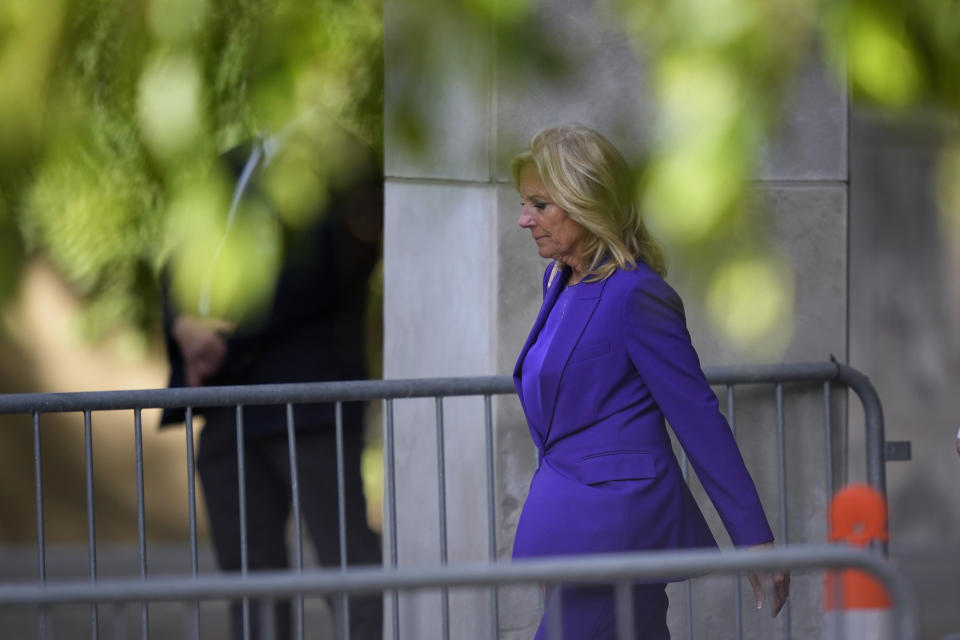 First lady Jill Biden departs from federal court, Monday, June 3, 2024, in Wilmington, Del. (AP Photo/Matt Slocum)