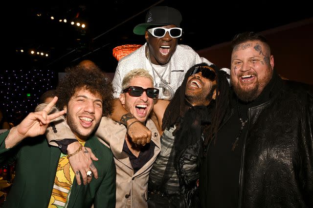 <p>Lester Cohen/Getty</p> Benny Blanco, Andrew Watt, Flavor Flav, Lenny Kravitz and Jelly Roll in Los Angeles in February 2024