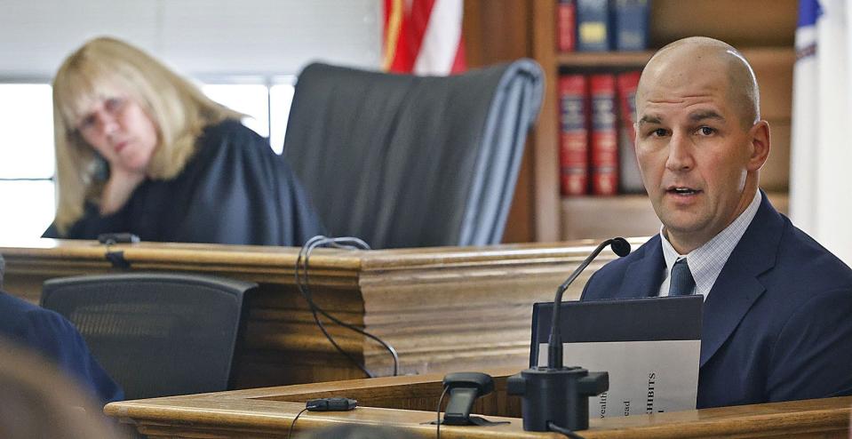 Massachusetts State Trooper Michael Proctor testifies during Karen Read's trial, Wednesday, June 12, 2024, in Norfolk Super Court in Dedham, Mass. Read is facing charges, including second degree murder, in the 2022 death of her boyfriend Boston Officer John O’Keefe. (Greg Derr/The Patriot Ledger via AP, Pool)