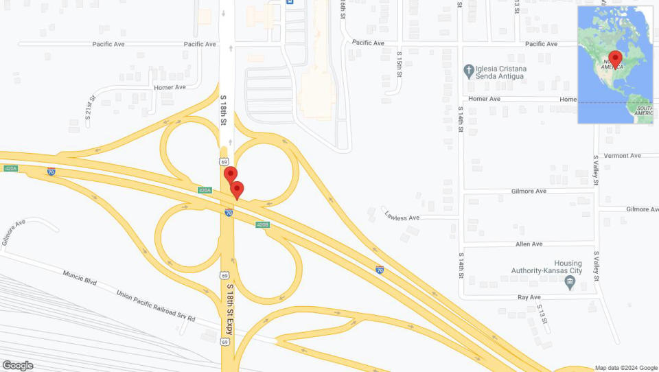 A detailed map that shows the affected road due to 'Kansas City: South 18th Street Expressway temporarily closed until Mar. 8' on May 20th at 12:05 a.m.