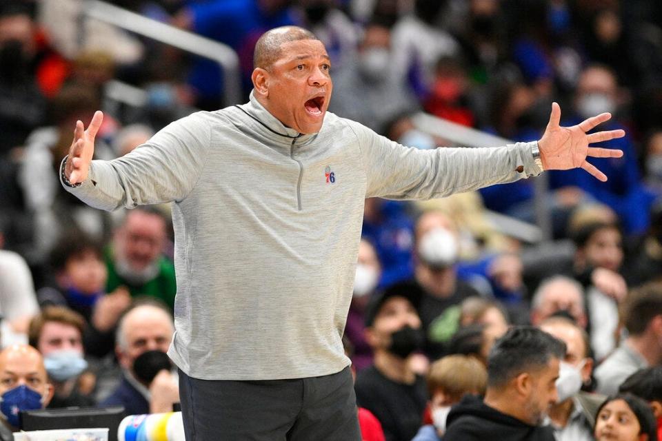 Sixers coach Doc Rivers questions a call during the first half of Monday's loss to the Wizards.