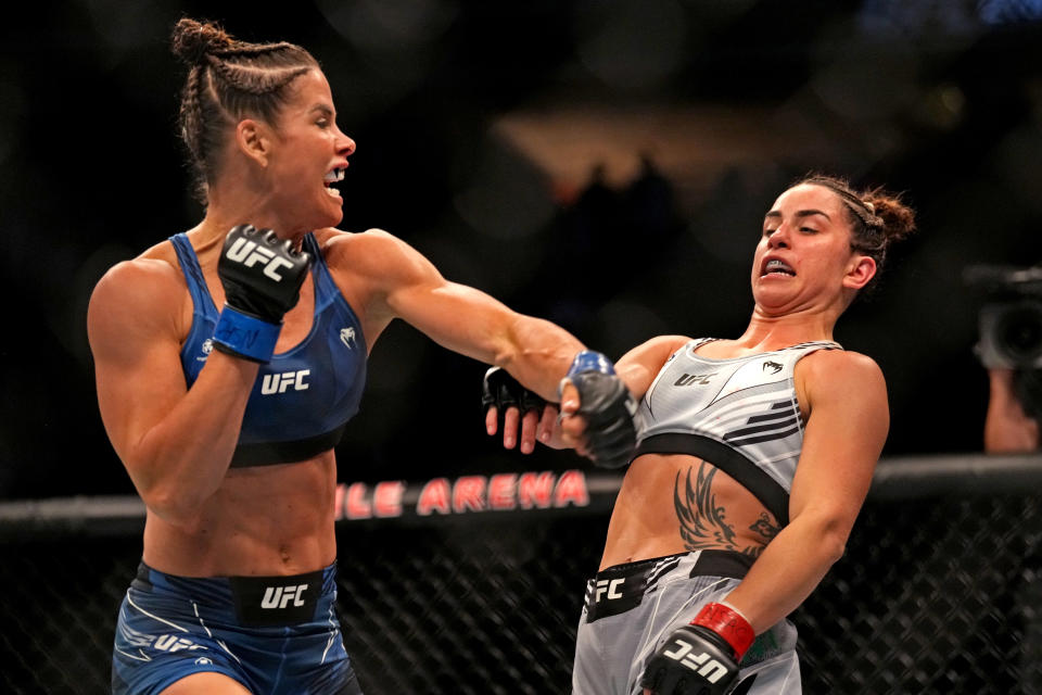 Sep 10, 2022; Las Vegas, Nevada, USA; Norma Dumont (red gloves) fights Danyelle Wolf (blue gloves) during UFC 279 at T-Mobile Arena. Mandatory Credit: Joe Camporeale-USA TODAY Sports