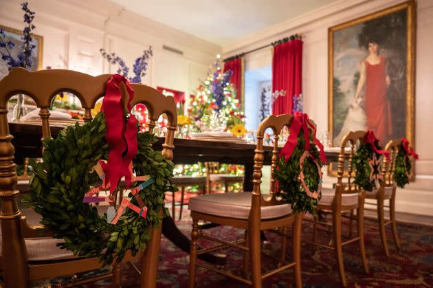 Wreathes are seen on the back of chairs in the China room during a press preview of the White House holiday decorations in Washington, DC on November 29, 2021. (Photo by ANDREW CABALLERO-REYNOLDS / AFP) (Photo by ANDREW CABALLERO-REYNOLDS/AFP via Getty Images) (Photo: ANDREW CABALLERO-REYNOLDS via Getty Images)