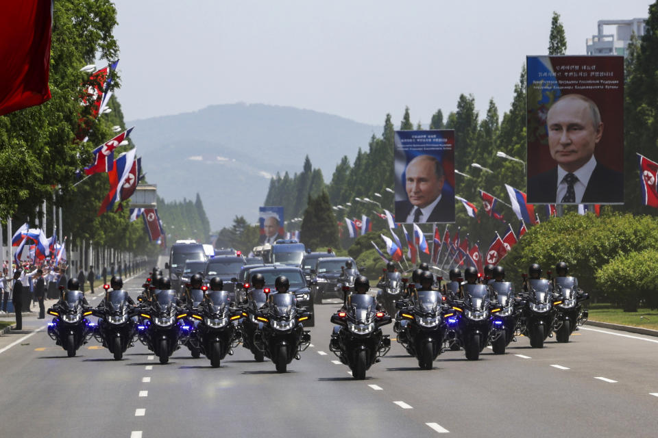 A motorcade with Russian President Vladimir Putin drives along a street in Pyongyang, North Korea, on Wednesday, June 19, 2024. (Gavriil Grigorov, Sputnik, Kremlin Pool Photo via AP)