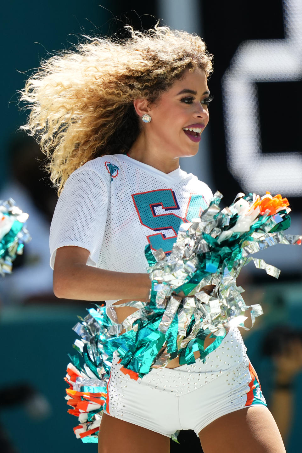 Oct 15, 2023; Miami Gardens, Florida, USA; A Miami Dolphins cheerleader performs during the first half between the Miami Dolphins and the Carolina Panthers at Hard Rock Stadium. Mandatory Credit: Jasen Vinlove-USA TODAY Sports