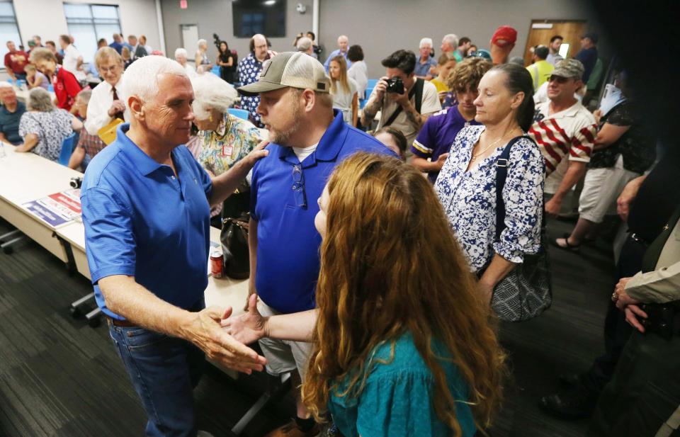 Republican presidential candidate and former vice president Mike Pence talks to his supporters during a campaign stop at Midland Power Cooperative Tuesday, July 4, 2023, in Boone, Iowa.