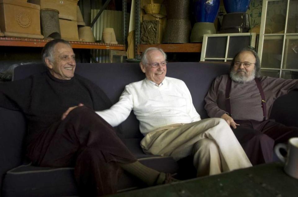 Prominent Sacramento artists Gregory Kondos, left, Wayne Thiebaud, and Fred Dalkey reminisce in 2009 in Sacramento. The three taught at Sacramento City College and gave their work to the school’s Kondos Gallery. Kondos died on March 26, 2021, at the age of 97, and Thiebaud died Dec. 25, 2021, at the age of 101.