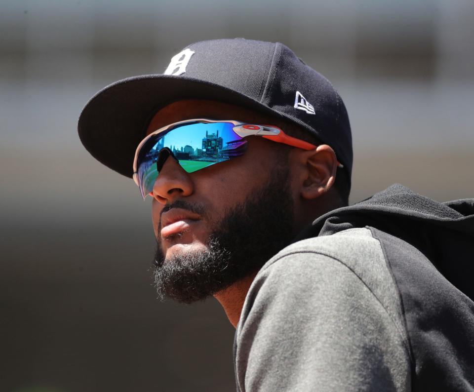 Detroit Tigers injured player Niko Goodrum watches the action against Cleveland at Comerica Park, Sunday, August 15, 2021.