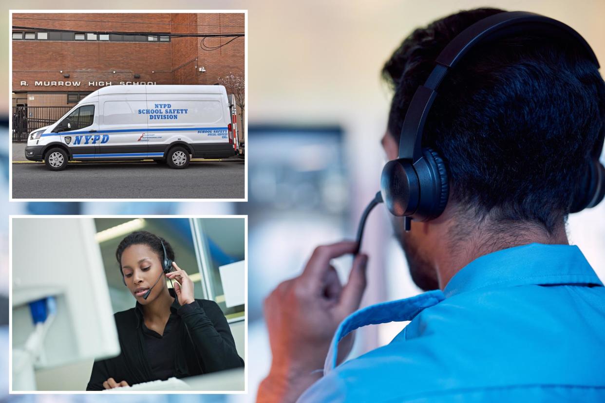 NYPD school safety Division van, woman at a call center answering a call, a man working at a call center.