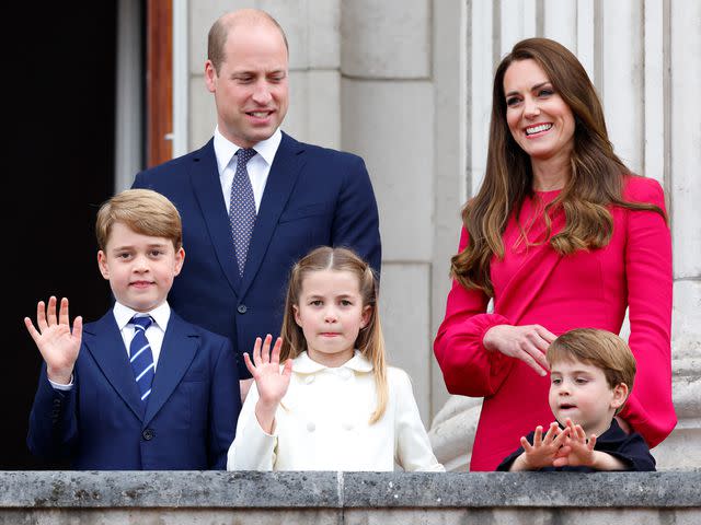 <p>Max Mumby/Indigo/Getty</p> Prince George, Prince William, Princess Charlotte, Prince Louis, and Catherine, Duchess of Cambridge on the balcony of Buckingham Palace following the Platinum Pageant in 2022.