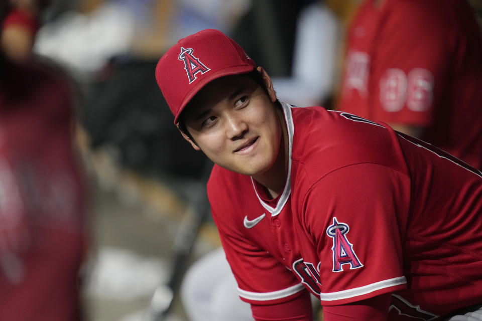 Los Angeles Angels designated hitter Shohei Ohtani is seen on the bench during the ninth inning of a baseball game against the Detroit Tigers, Tuesday, July 25, 2023, in Detroit. (AP Photo/Carlos Osorio)