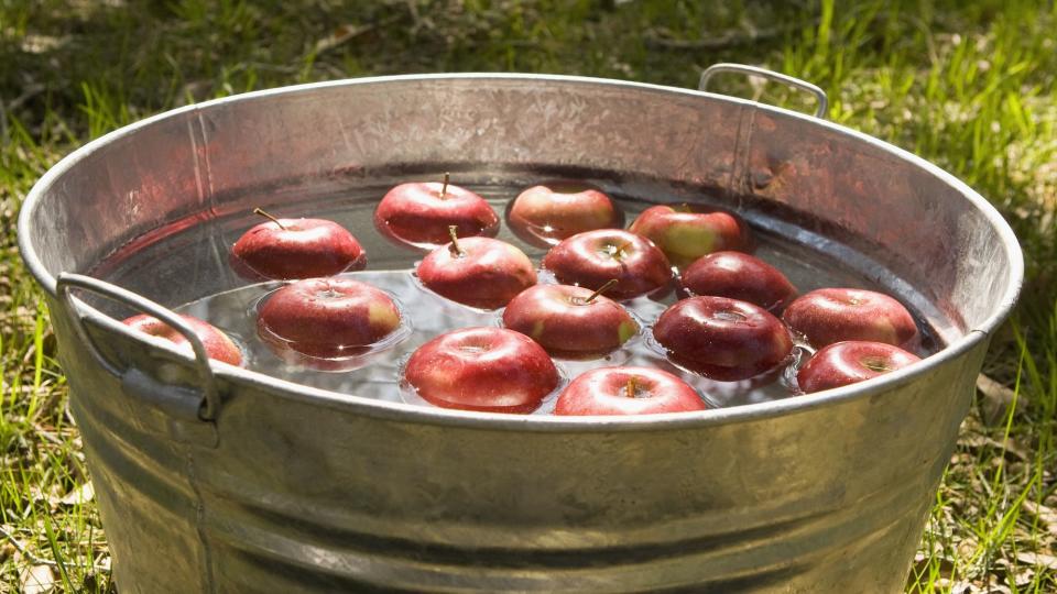 galvanized metal tub on grass filled with water and apples for apple bobbing halloween activity