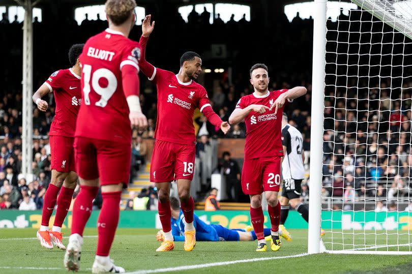 LONDON, ENGLAND - APRIL 21: Diogo Jota of Liverpool celebrates after scoring his side's third goal during the Premier League match between Fulham FC and Liverpool FC at Craven Cottage on April 21, 2024 in London, England.(Photo by Gaspafotos/MB Media/Getty Images)