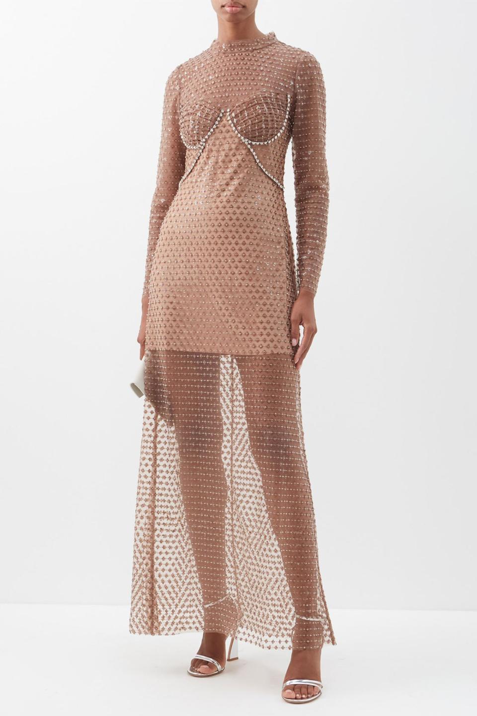 Sequinned and Crystal-Embellished Mesh Maxi Dress