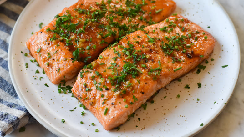 salmon filets on plate