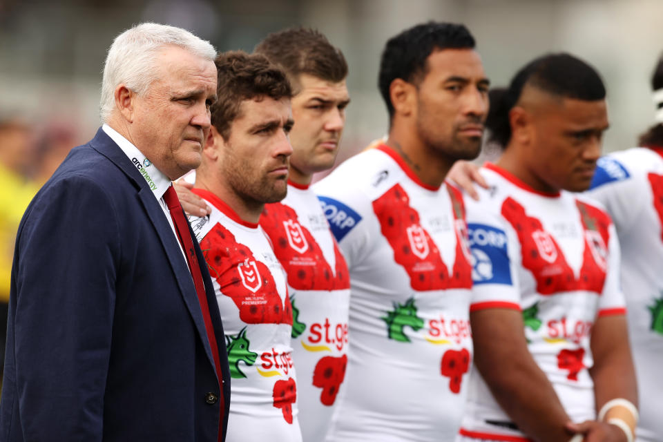 Pictured left, Dragons coach Anthony Griffin stands before his side's ANZAC Day win over the Roosters.