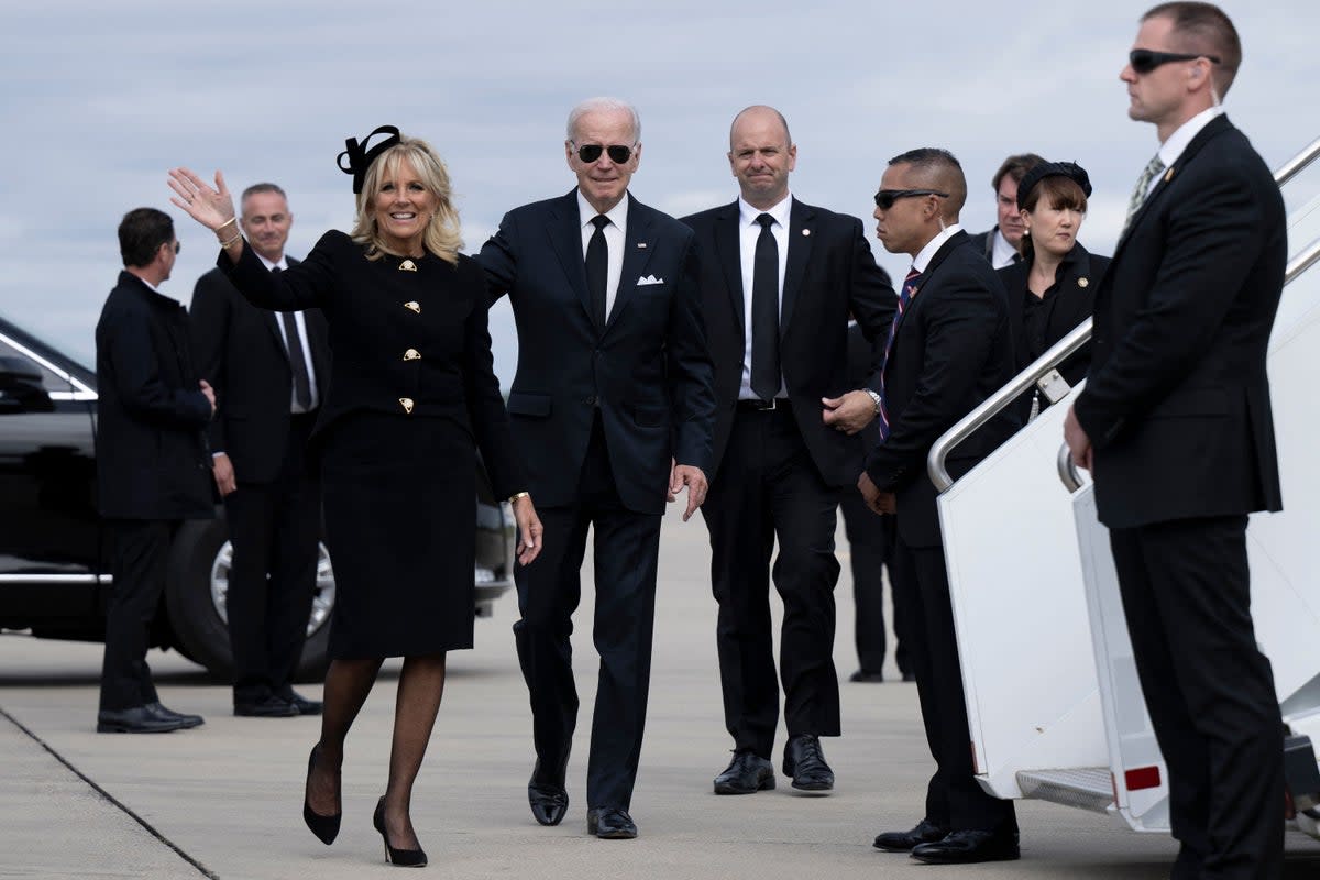 First Lady Jill Biden and President Joe Biden walk to board Air Force One at London Stansted Airport in Stansted, United Kingdom, on September 19, 2022 (AFP via Getty Images)