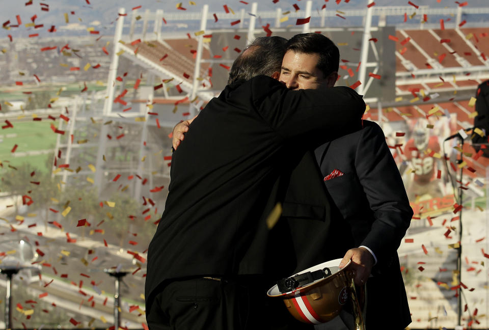 San Francisco 49ers owner Jed York, right, hugs Santa Clara Mayor Jamie Matthews at a groundbreaking ceremony at the construction site for the 49ers' new NFL football stadium in Santa Clara, Calif., Thursday, April 19, 2012. (AP Photo/Jeff Chiu)