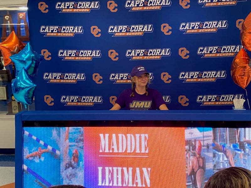 Cape Coral High celebrated swimmer Maddie Lehman, who signed with James Madison University.