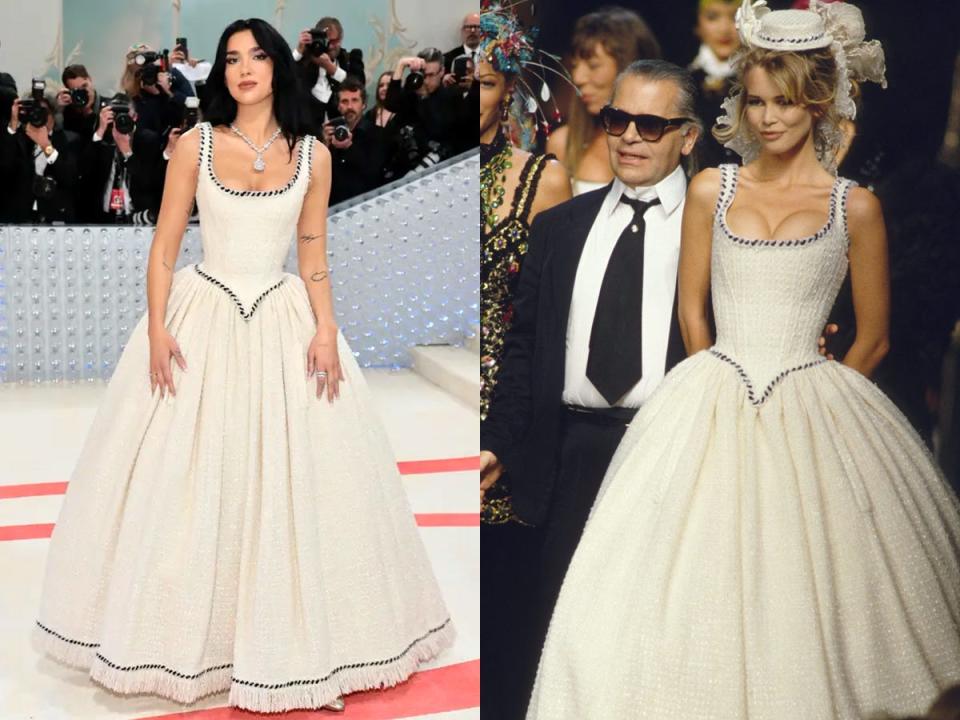 dua lipa in white gown at met gala next to model wearing the gown i the 90s with karl