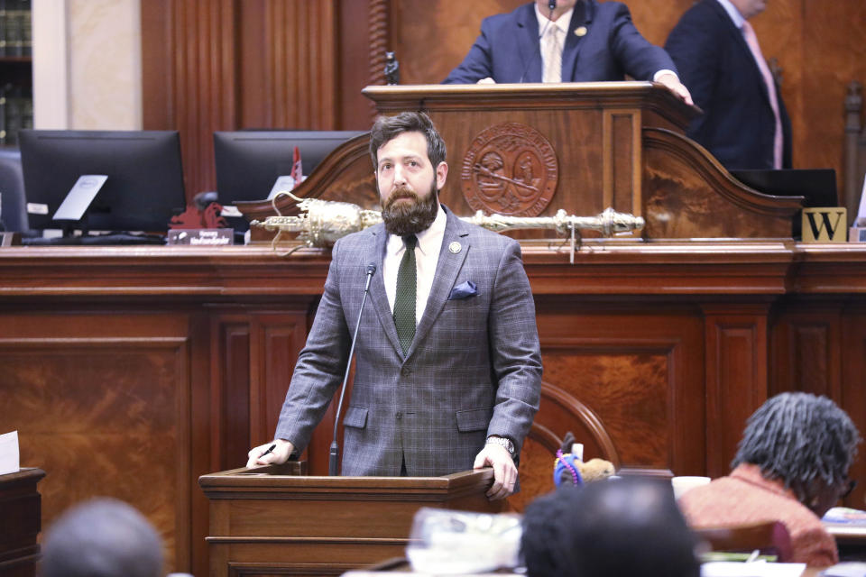 South Carolina Rep. Gil Gatch, R-Summerville, speaks for a bill to allow Sunday liquor sales in the state on Wednesday, Feb. 14, 2024, in Columbia, S.C. (AP Photo/Jeffrey Collins)