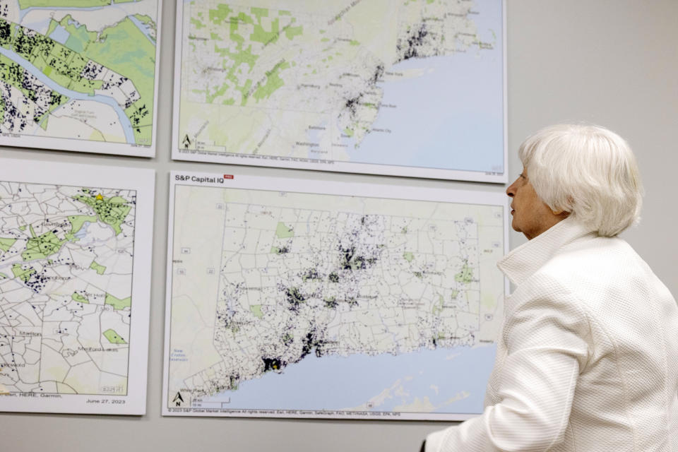 Secretary of the Treasury Janet Yellen looks at residential solar maps at PosiGen, a leading solar energy company in Kenner, La., as she hears how people can save money using solar power, Friday, June 30, 2023 in New Orleans. Yellen talked about how the Inflation Reduction Act is helping drive a manufacturing boom and helping lower costs for consumers. (Chris Granger/The Times-Picayune/The New Orleans Advocate via AP)