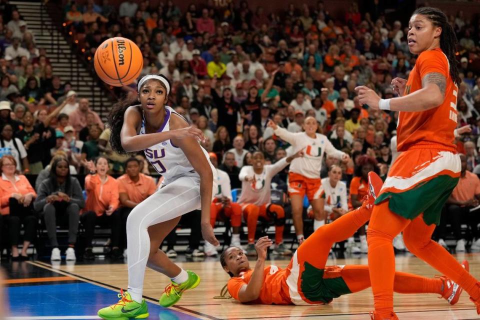 Mar 26, 2023; Greenville, SC, USA; LSU Lady Tigers forward Angel Reese (10) loses the ball out of bounds against the Miami Hurricanes during the NCAA Women’s Tournament at Bon Secours Wellness Arena. Mandatory Credit: Jim Dedmon-USA TODAY Sports