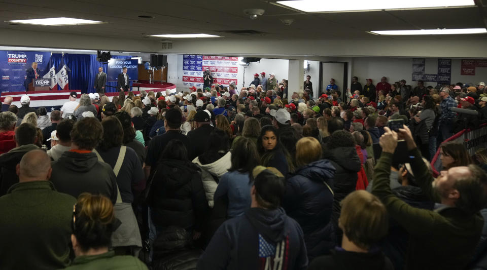 Republican presidential candidate former President Donald Trump speaks at a rally at Des Moines Area Community College in Newton, Iowa, Saturday, Jan. 6, 2024. (AP Photo/Andrew Harnik)