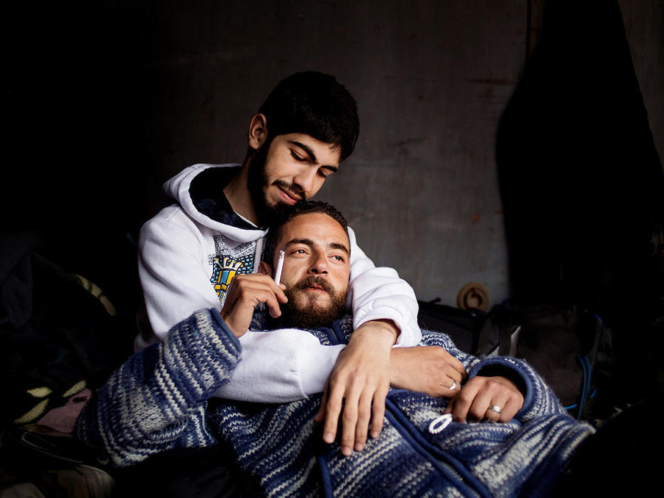 Mahmoud, 22, and Amer, 32, became close friends whilst living in Yarmouk Camp -- a suburb of Damascus, which became home to the largest community of Palestinian refugees in Syria after the 1948-49 Arab-Israeli war. During Syria's five-year conflict Yarmouk was besieged by rebel fighters, and later by Bashar al-Assad's regime. Finally in 2015, Mahmoud and Amer fled to Turkey and then to Greece together after 90 percent of Yarmouk was taken over by the Islamic State. Stranded in Idomeni since the border closure between Greece and Macedonia, Mahmoud and Amer were among a group of 3,000 refugees who illegally crossed the river into Macedonia but were soon caught by the Macedonian Army. The soldiers then separated the men from the women and children and ushered them into army vehicles, telling them they were being taken north to the Serbian border. Instead they were driven back to the Greek-Macedonian border where they were taken inside army tents and beaten by soldiers before being sent back across the border to Idomeni. As a result of the beatings Amer suffered from a fractured a bone in his leg and several broken ribs. Amer's wife and daughter are currently in an asylum centre in Essen in Germany where they wait in hope that he will be able to join them there. Mahmoud had hoped to gauge the journey before his mum and younger brother and sister brother joined him. He fears he will have to return to Turkey where he says Syrian refugees are treated like dirt.