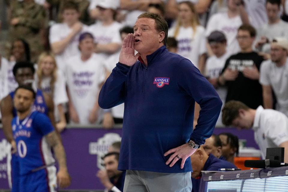 Kansas coach Bill Self instructs his team in the second half of a game Monday against TCU in Fort Worth, Texas.