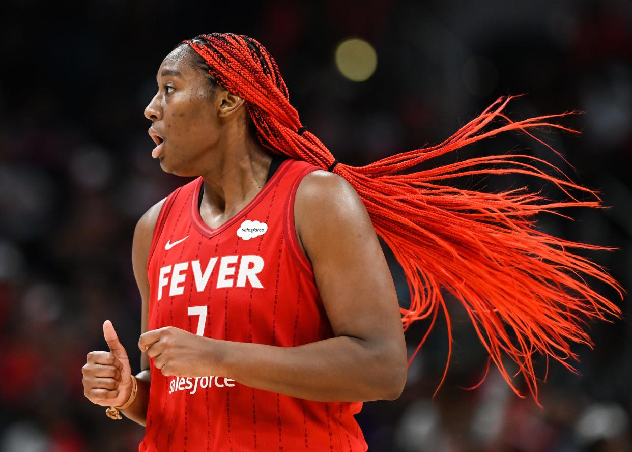 Indiana Fever forward-center Aliyah Boston runs down court after scoring against the Connecticut Sun on Friday, May 19, 2023 at Gainbridge Fieldhouse in Indianapolis. The Connecticut Sun defeated the Indiana Fever 70-61. 