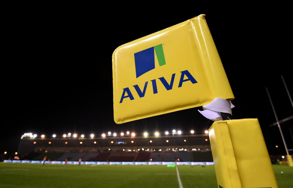General view of an Aviva branded flag pitch side at the Twickenham Stoop