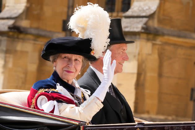 Anne and Laurence ride in a carriage after attending the Order of the Garter service at Windsor Castle on June 17.