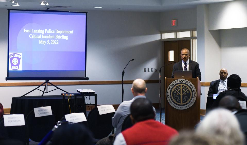 East Lansing Police Chief Kim Johnson speaks Thursday, May 5, 2022, during a press conference at the Hannah Community Center in East Lansing related to a police shooting of a 20-year-old man on April 25.  Also pictured is East Lansing City Manager George Lahanas.