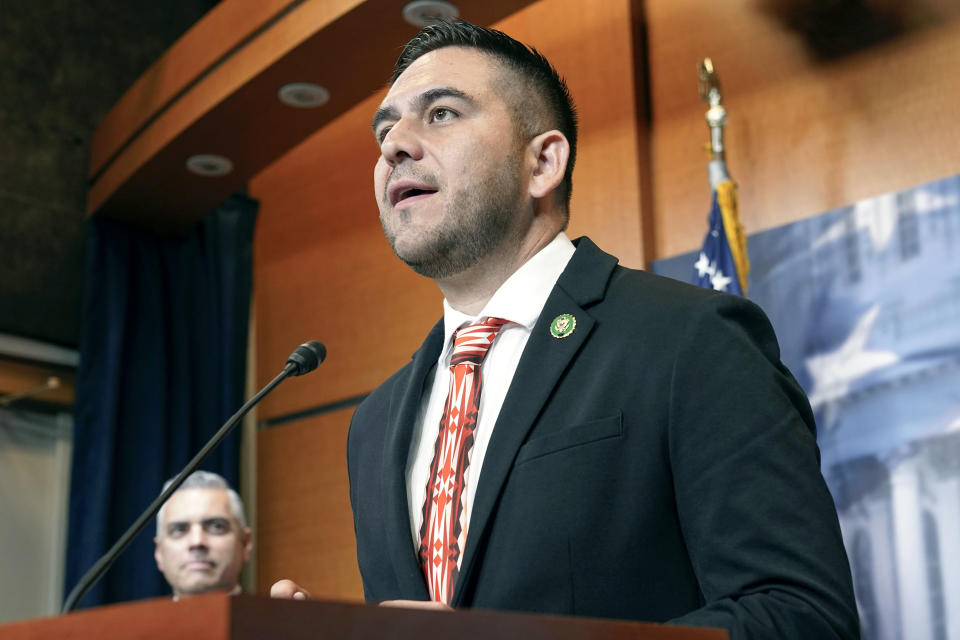 FILE - Rep. Gabe Vasquez, D-N.M., speaks during a news conference on Capitol Hill in Washington on June 15, 2023. Accusations that New Mexico's Democratic-led legislature unfairly diluted the vote of the politically conservative oil-producing region go to trial Wednesday, Sept. 27, at a state district court in Lovington, N.M. Vasquez ousted first-term Republican Yvette Herrell in 2022 from the 2nd District after it was reshaped to include portions of Albuquerque. Former Congresswoman Herrell wants the GOP nomination for a rematch, launching her campaign in May alongside House Speaker Kevin McCarthy. (AP Photo/Mariam Zuhaib, File)