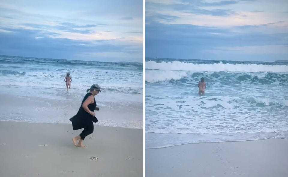 L: A woman in black jogs past as Tim is in the background naked in the sea. R: Tim naked in the sea from behind.